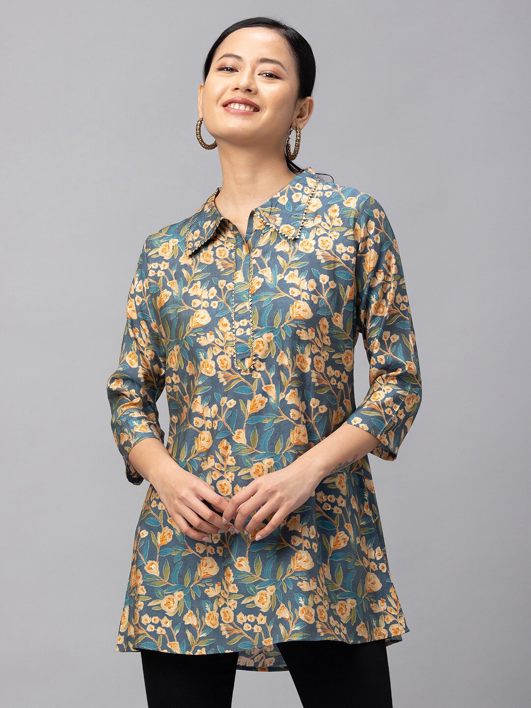 

Sangria Women Blue & Beige Modal Shirt Collar Printed Tunic