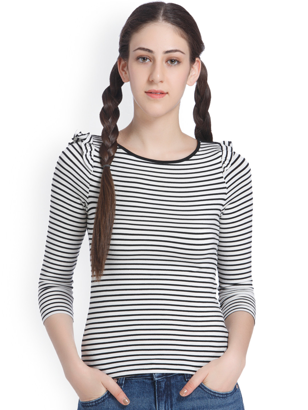 

ONLY Women White & Black Striped Round Neck T-shirt