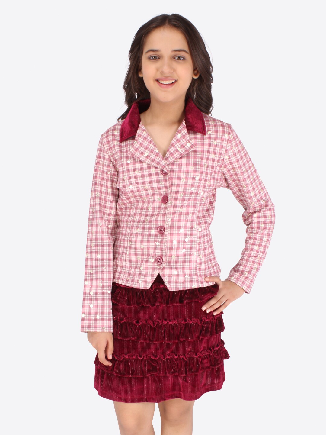 

CUTECUMBER Girls Maroon & White Printed Top with Skirt