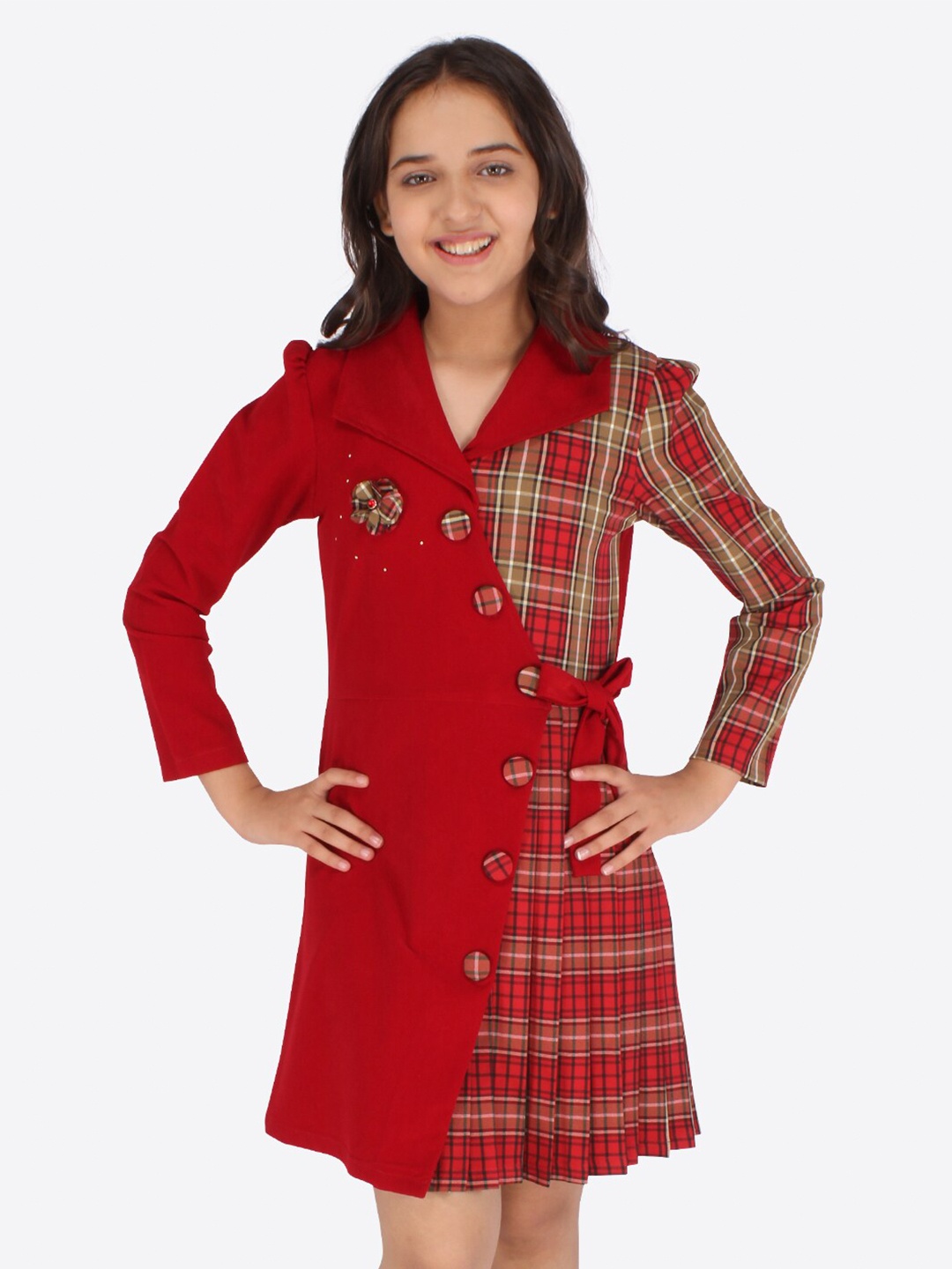 

CUTECUMBER Girls Maroon Checked Georgette Shirt Dress