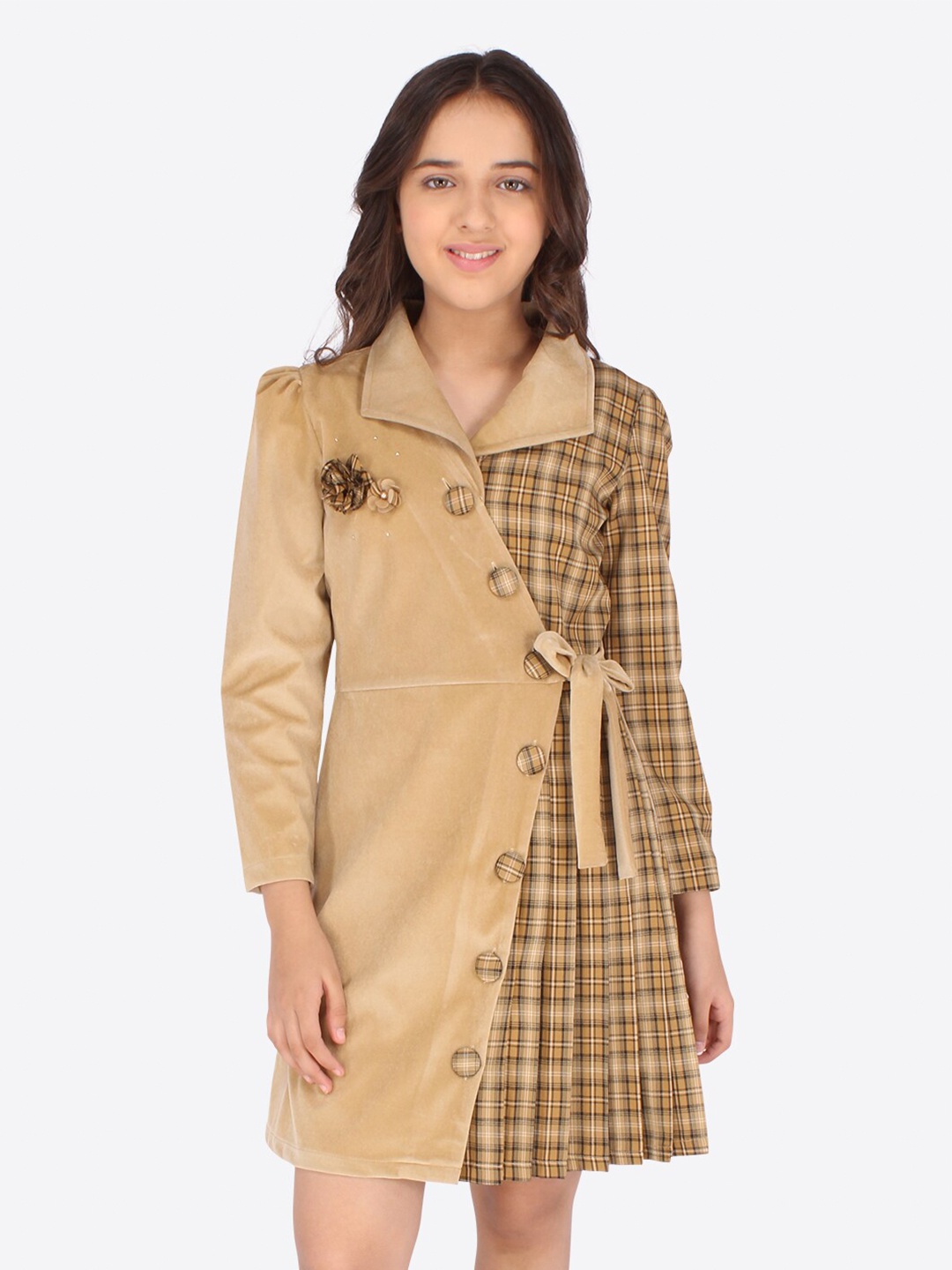 

CUTECUMBER Girls Brown Checked Shirt Dress