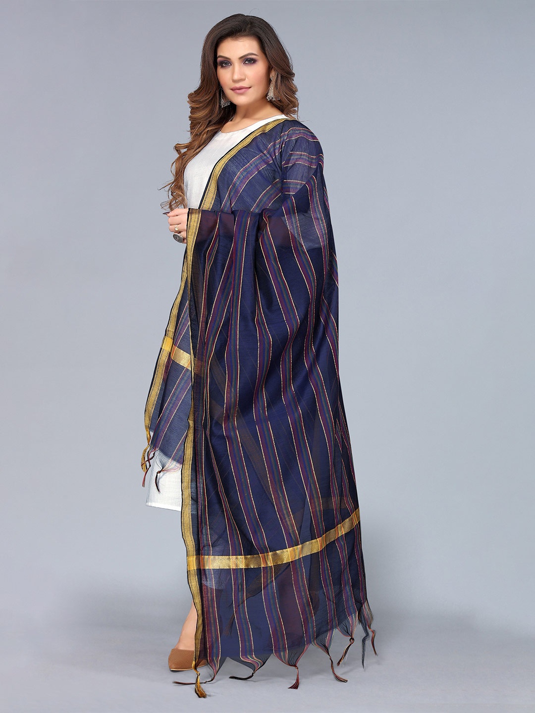 

KALINI Navy Blue & Gold-Toned Striped Dupatta