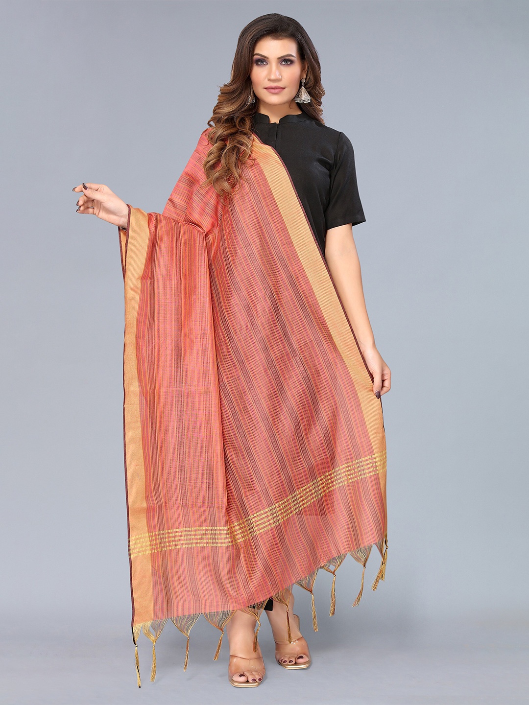 

KALINI Peach-Coloured & Gold-Toned Striped Silk Blend Dupatta