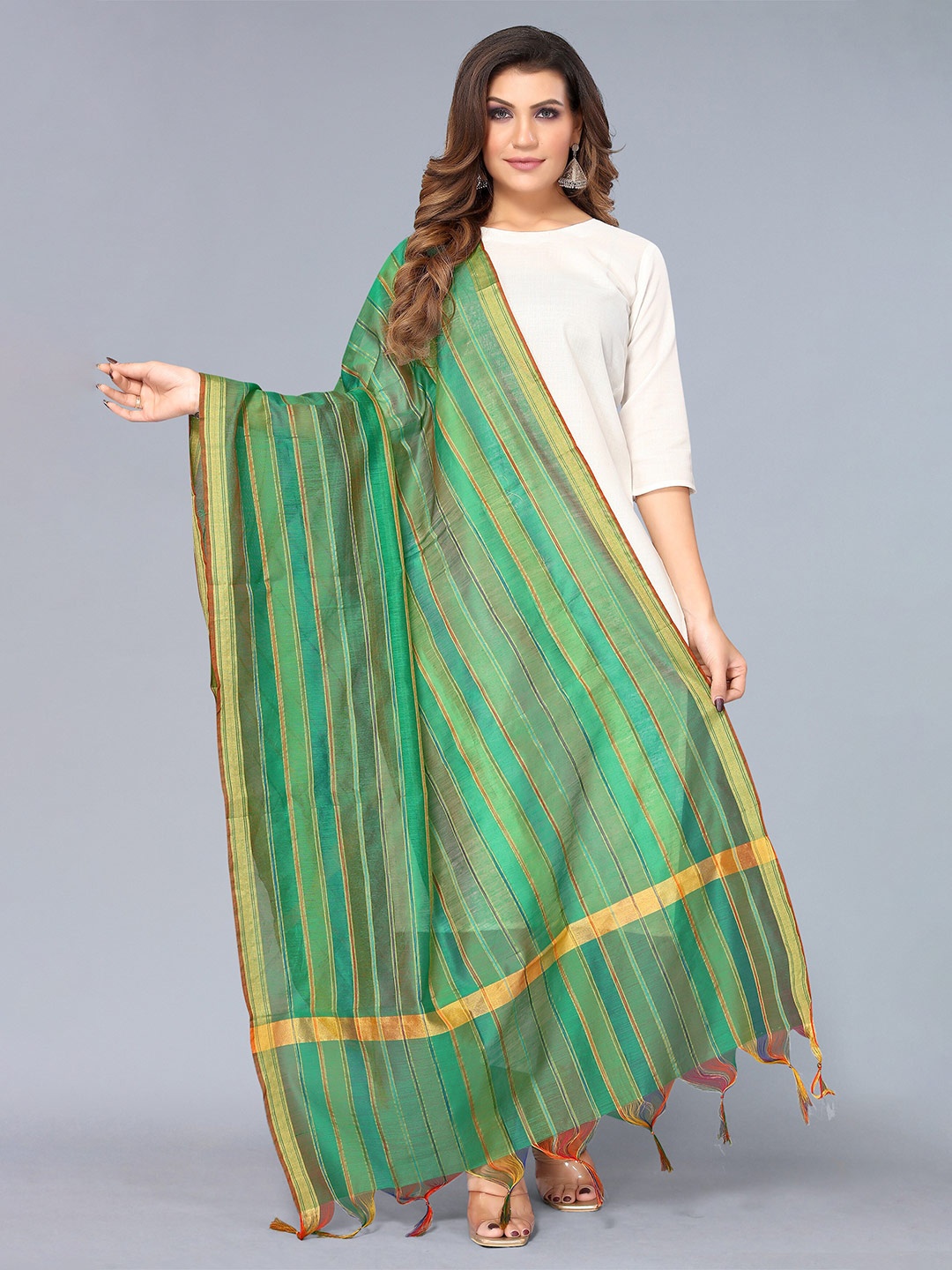 

KALINI Green & Gold-Toned Striped Dupatta