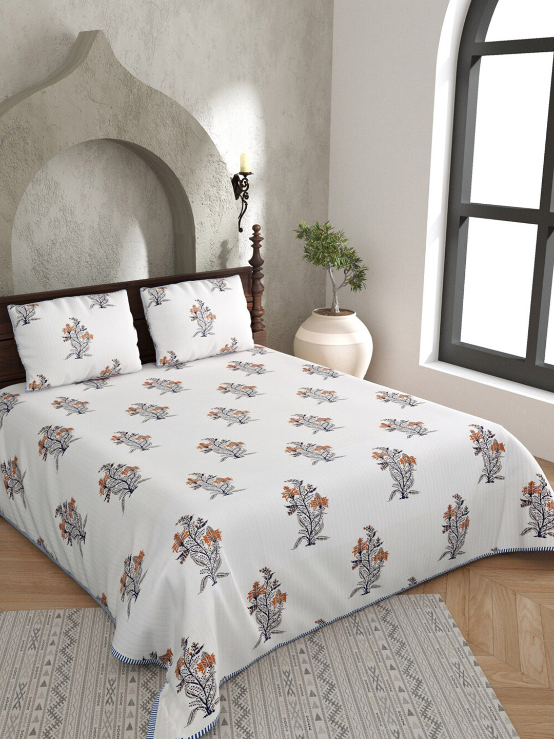 

JAIPUR FABRIC White & Blue Floral AC Room 150 GSM Double Bed Blanket With 2 Pillow Covers