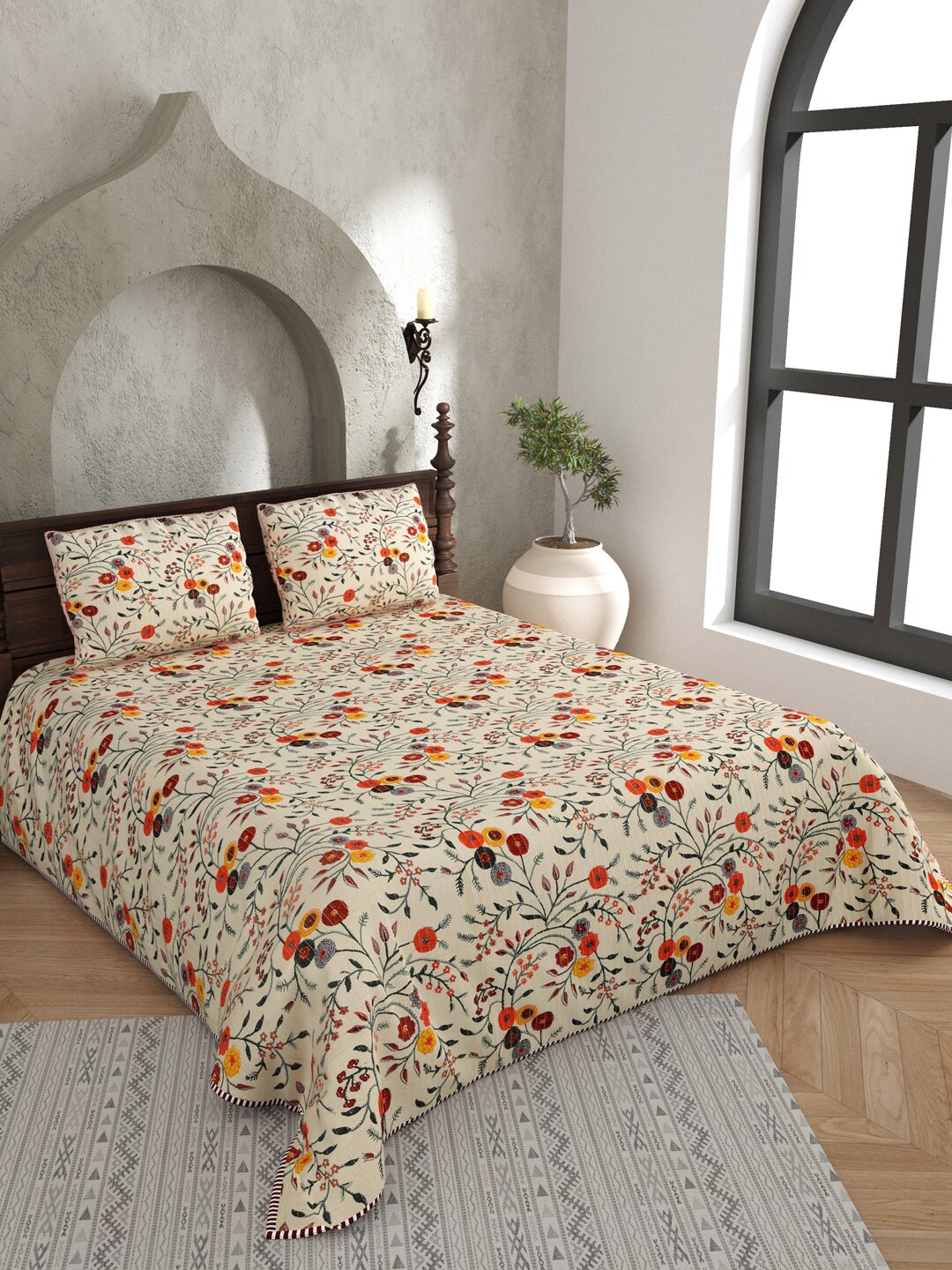 

JAIPUR FABRIC Beige & Orange Floral AC Room 150 GSM Double Bed Blanket with 2 Pillowcases