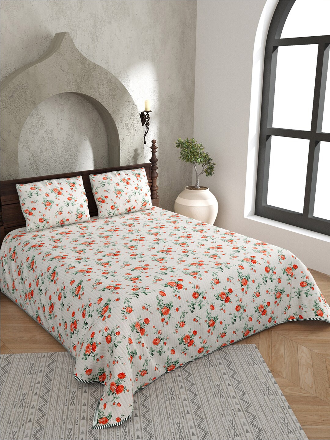 

JAIPUR FABRIC White & Red Floral Pure Cotton AC Room 150 GSM Double Bed Blanket