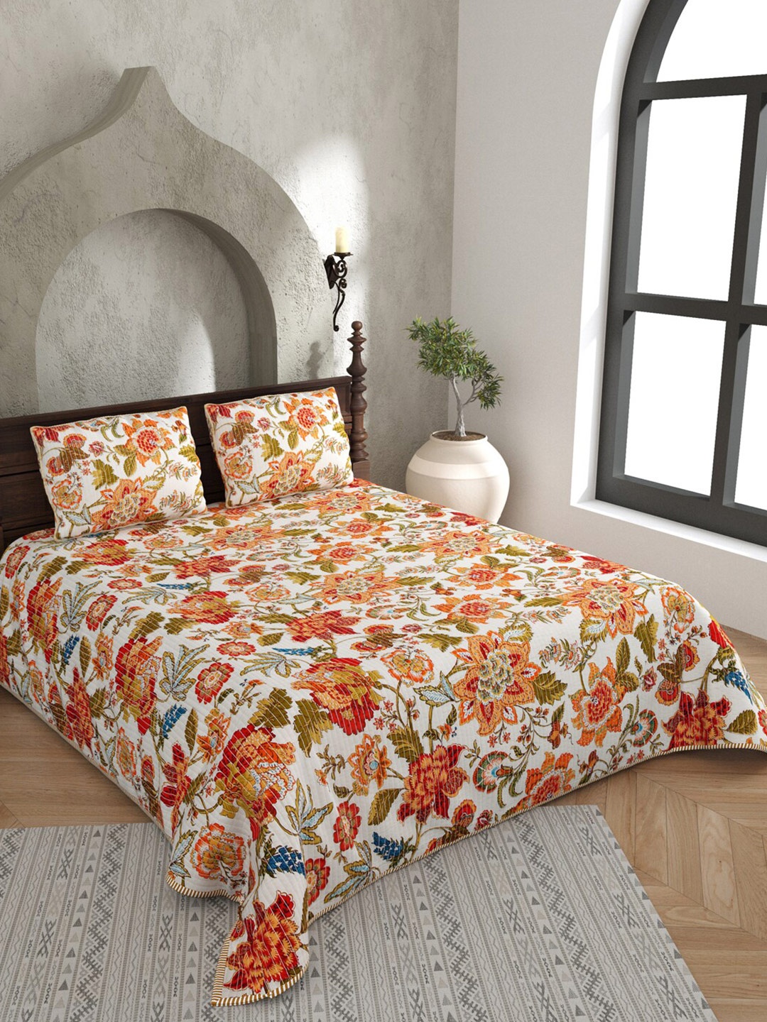 

JAIPUR FABRIC Beige & Orange Floral Pure Cotton AC Room 150 GSM Double Bed Blanket