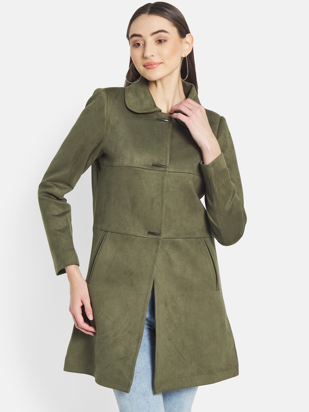 

METTLE Women Olive Green Solid Coat