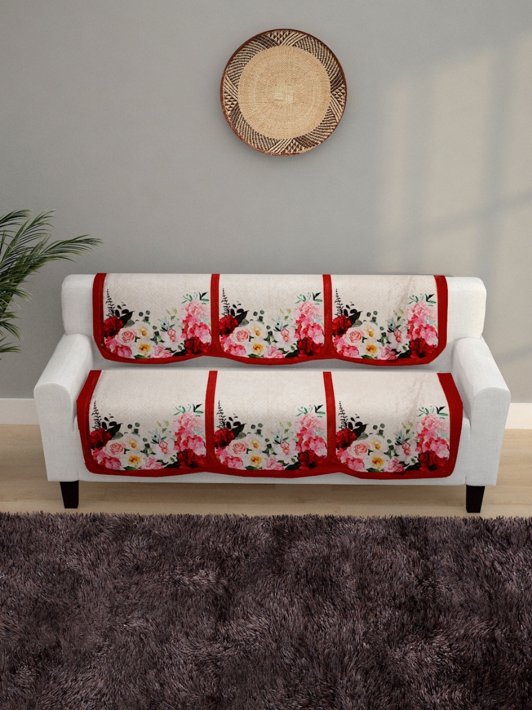 

ROMEE Beige & Maroon Floral Design 5 Seater Sofa Cover