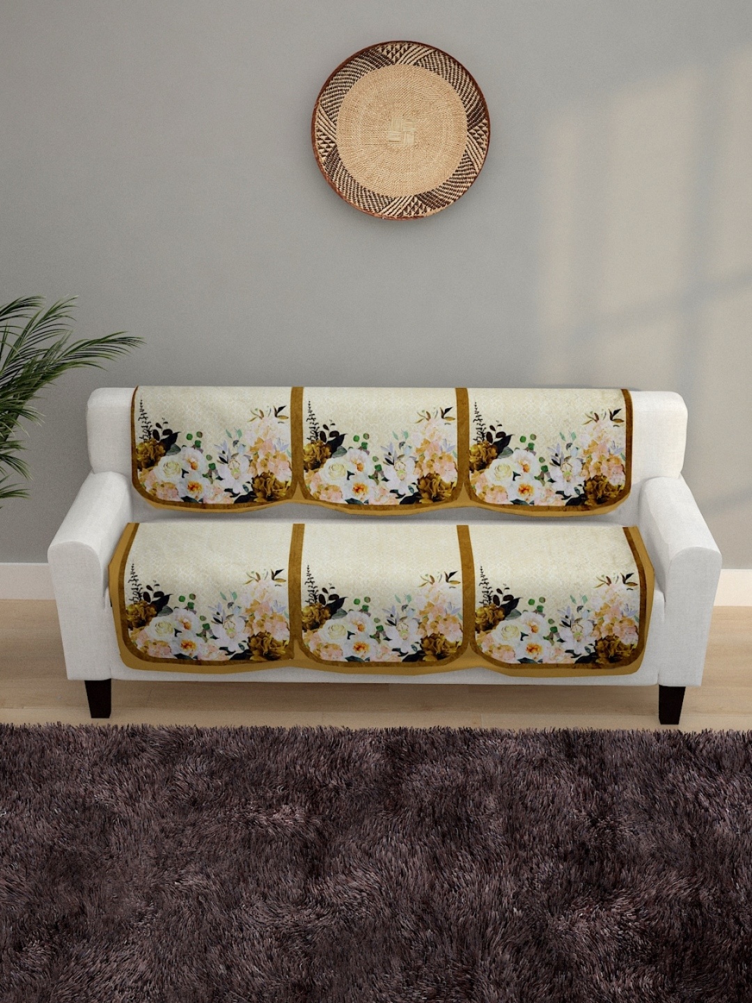 

ROMEE Set of 6 Beige & Brown Floral Printed 5-Seater Sofa Cover