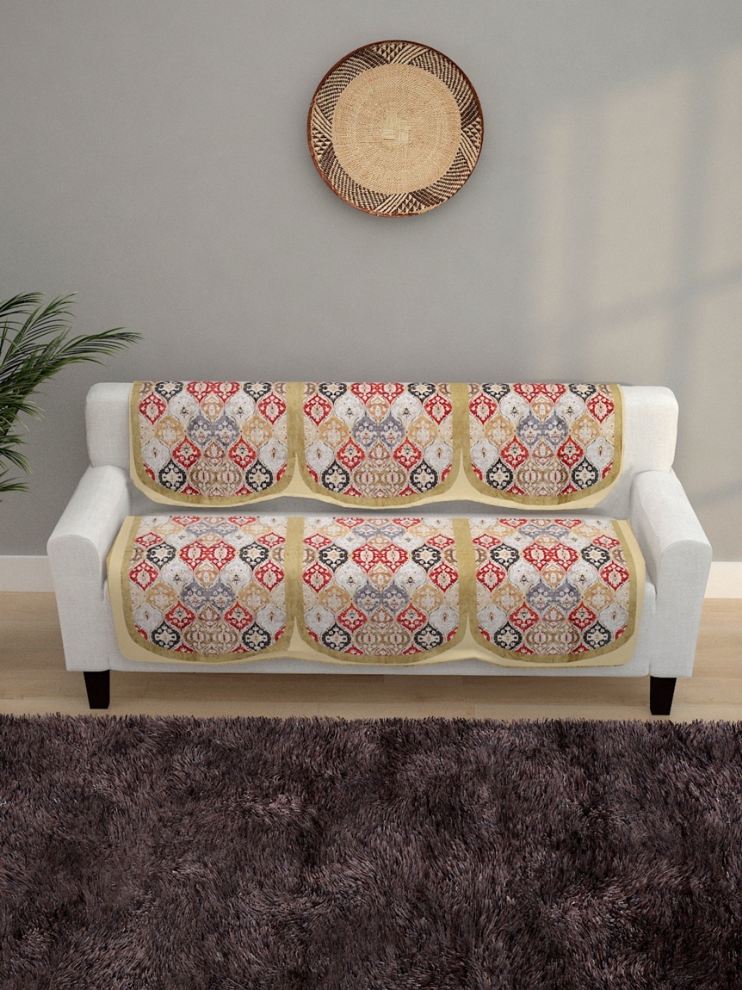 

ROMEE Beige & Red Ethnic Motifs Design 6-Piece 5-Seater Sofa Covers