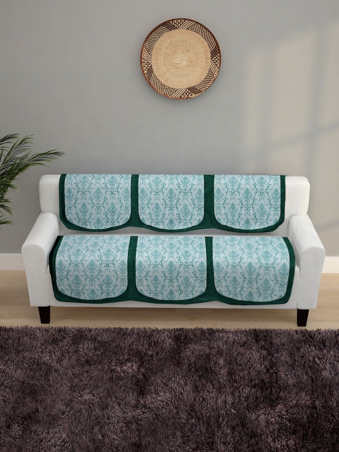 

ROMEE Set Of 6 Turquoise Blue & Green Printed Velvet 5-Seater Sofa Covers