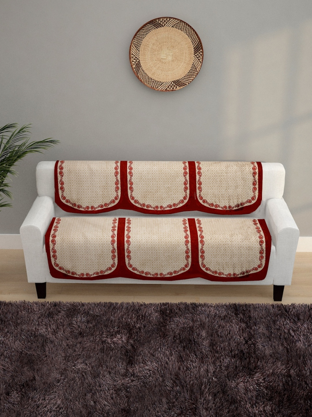 

ROMEE Beige & Maroon Paisley Design 5 Seater Sofa Cover