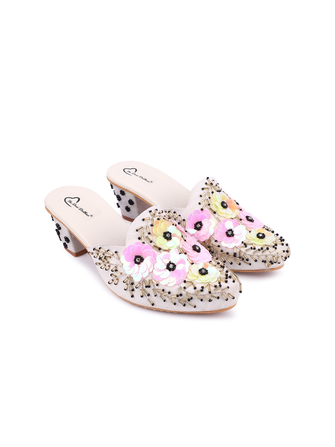 

The Desi Dulhan White And Pink Stone And Beads Embellished Ethnic Block Mules Heel