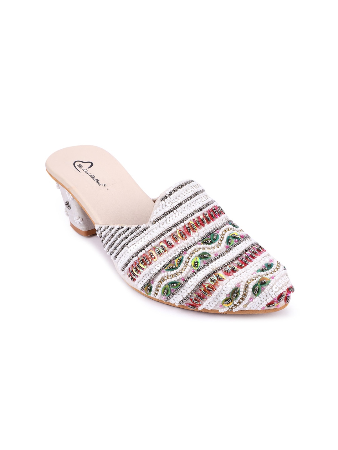 

The Desi Dulhan White And Maroon Stone And Beads Embellished Ethnic Block Mules Heel