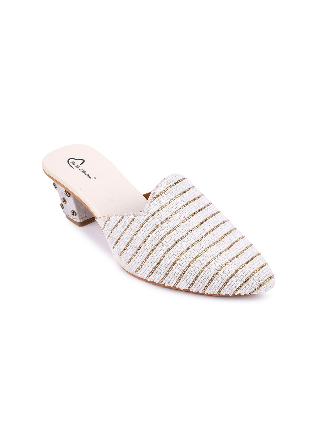

The Desi Dulhan Women White & Gold-Toned Embellished Ethnic Block Mules