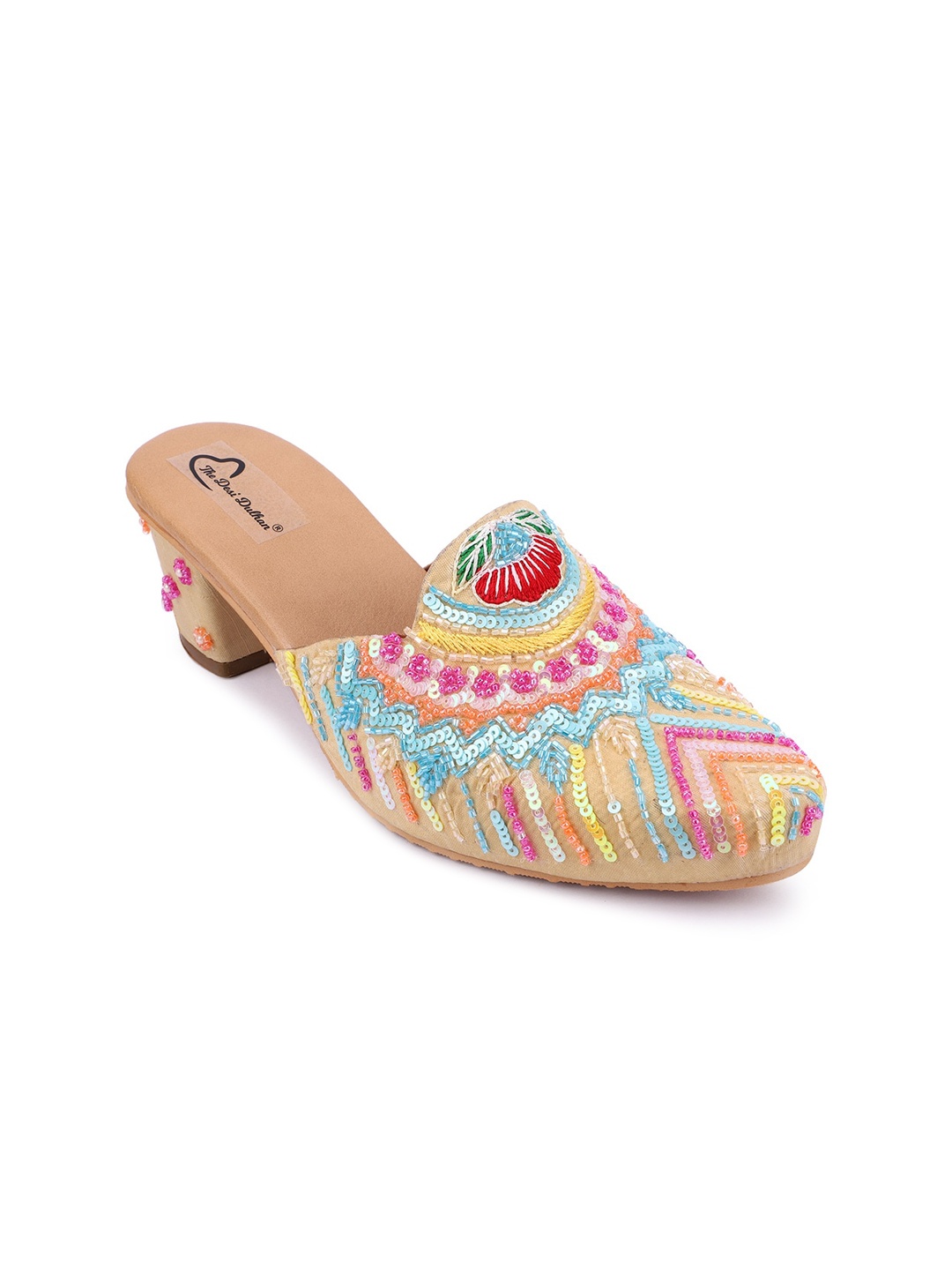 

The Desi Dulhan Gold-Toned & Blue Embellished Ethnic Block Mules