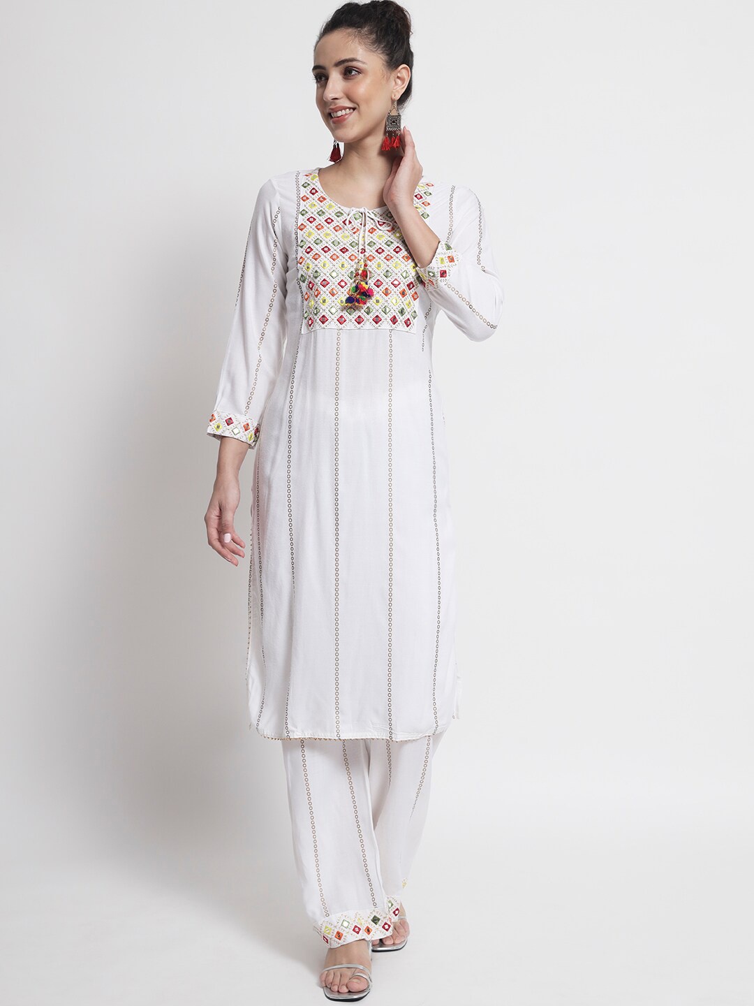

BARKHA FAB Women White Embroidered Mirror Work Kurta with Trouser