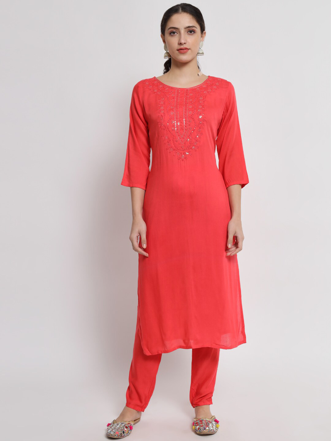 

BARKHA FAB Women Red Embroidered Sequinned Straight Kurta with Trousers