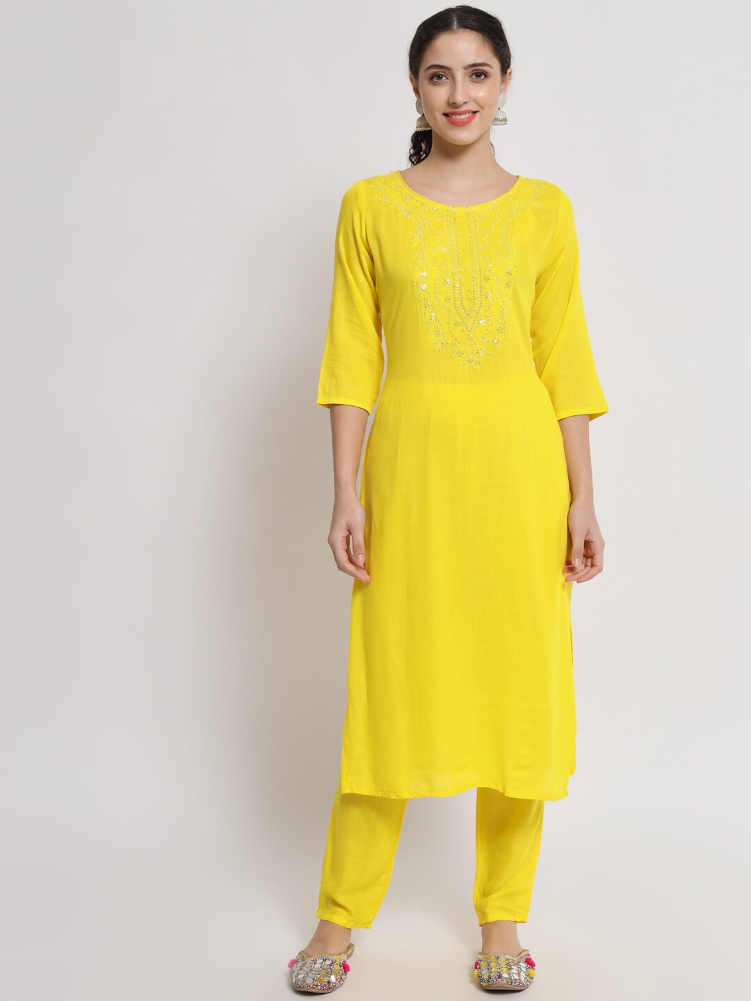 

BARKHA FAB Women Yellow Floral Embroidered Mirror Work Kurta with Trouser