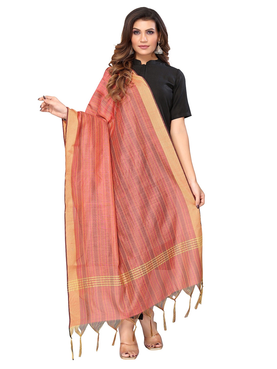 

Nimayaa Women Striped Silk Blend Dupatta, Peach
