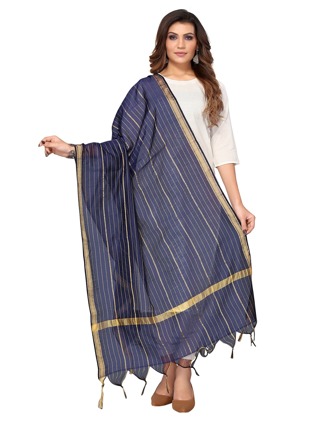 

Nimayaa Women Striped Silk Blend Dupatta, Navy blue