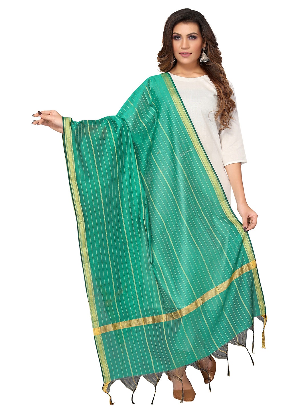 

Nimayaa Women Striped Silk Blend Dupatta, Sea green