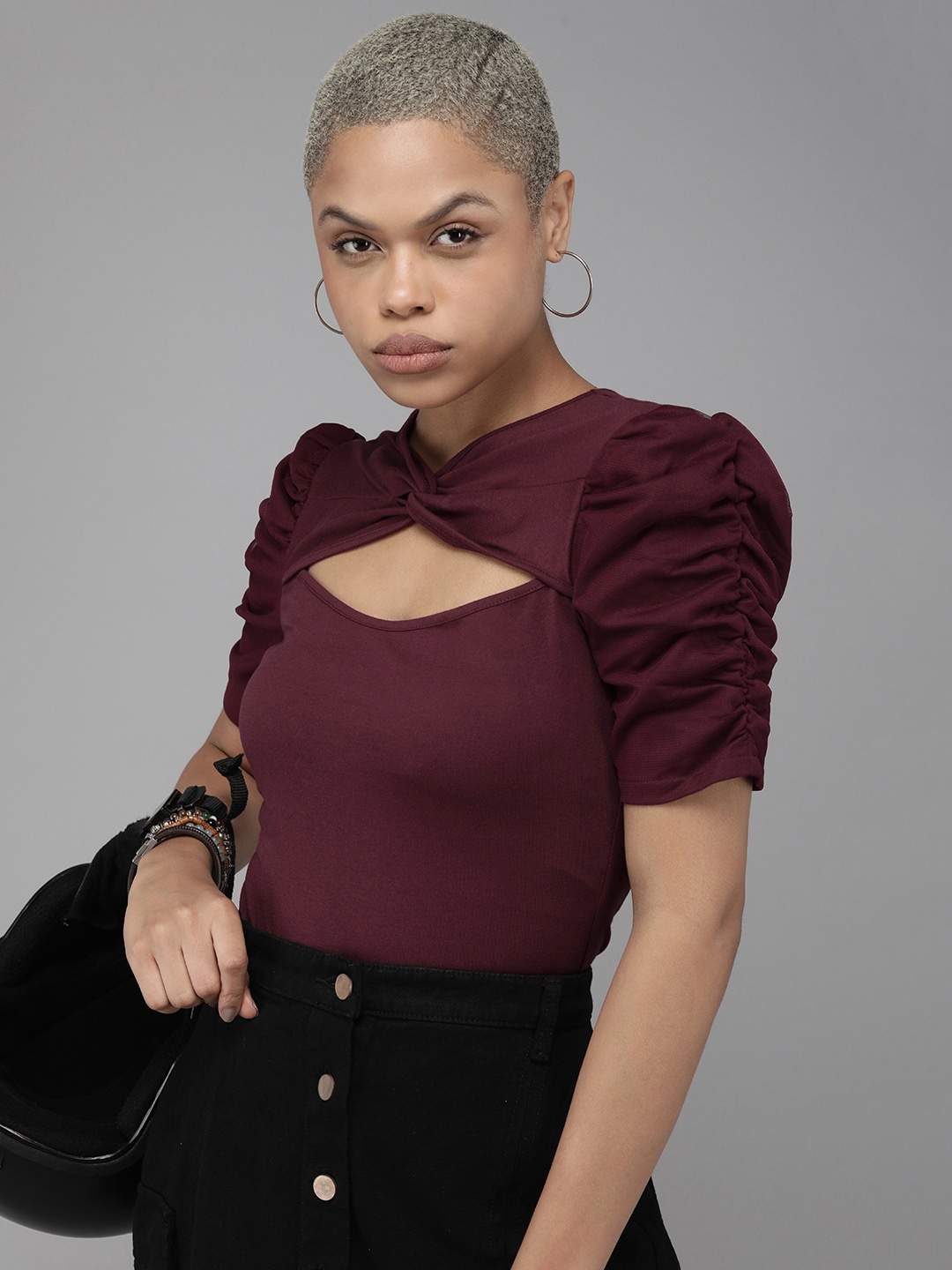 

The Roadster Life Co. Twisted Neck Ruched Puff Sleeve Fitted Top, Burgundy