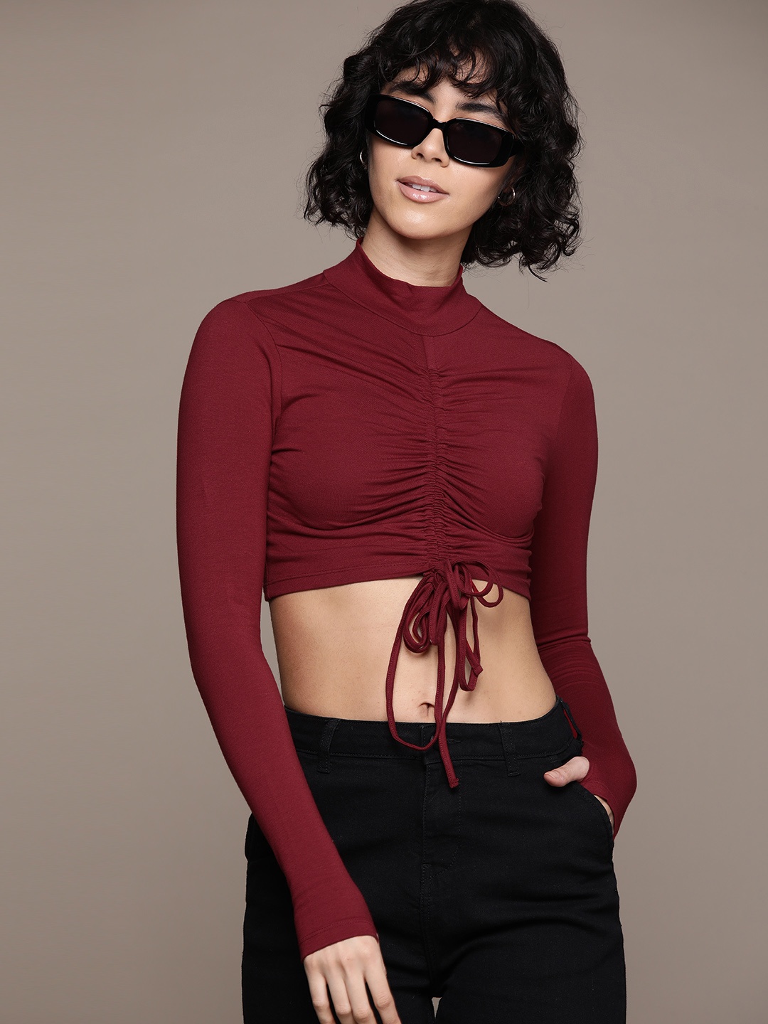 

The Roadster Lifestyle Co. High Neck Full Sleeves Ruched Crop Top, Maroon