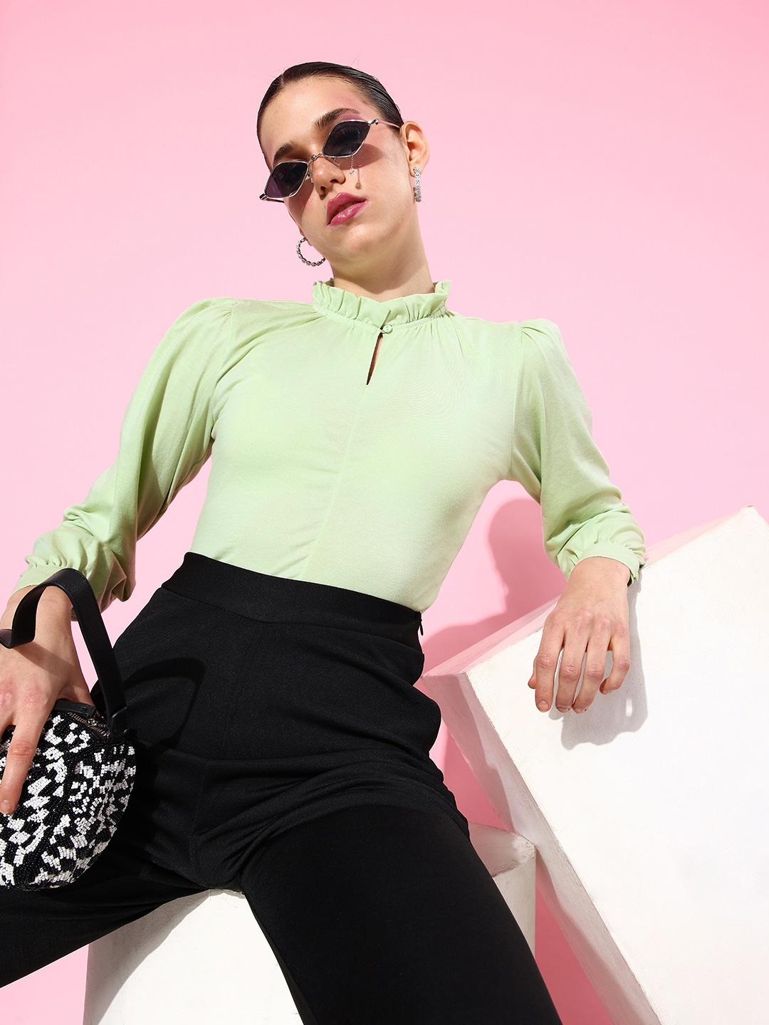

The Roadster Lifestyle Co. Solid Puff Sleeve Ruffled Top With Gathered Collar, Lime green