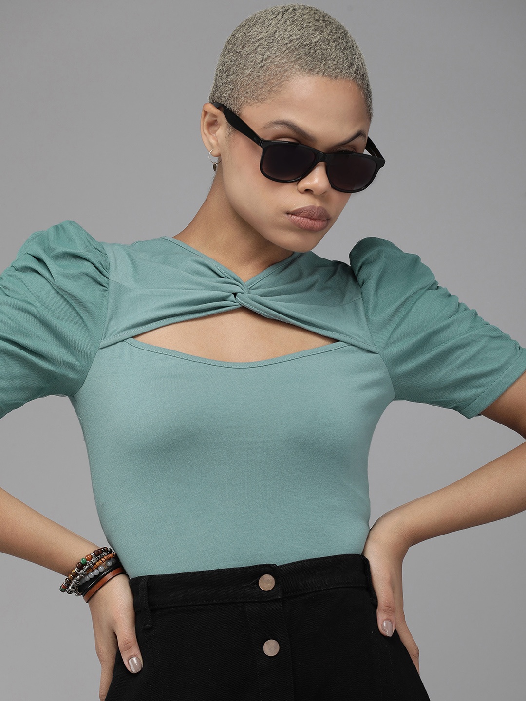 

The Roadster Life Co. Twisted Neck Ruched Puff Sleeve Fitted Top, Blue