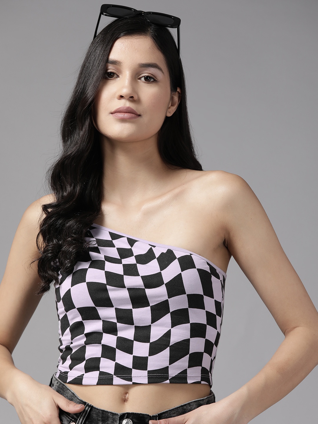 

The Roadster Lifestyle Co. Checked One-Shoulder Crop Top, Lavender