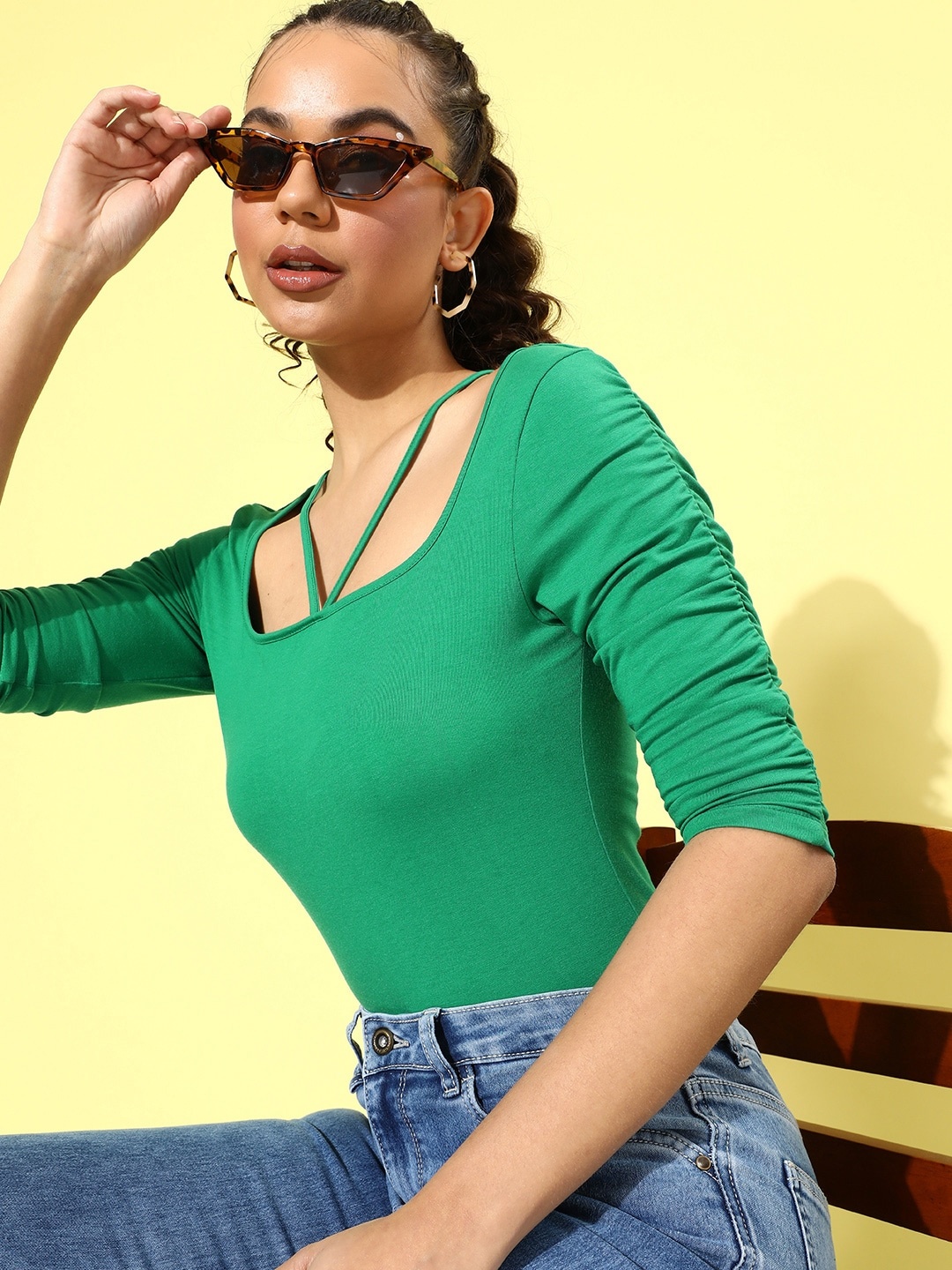 

The Roadster Life Co. Deep Green Femme Blouse Top With Ruched Detail Sleeves