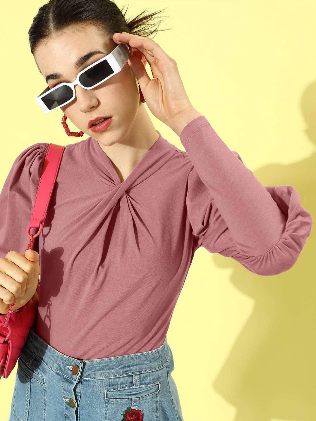 

The Roadster Lifestyle Co. Deco Rose Solid Puff Sleeve 90's Hollaback Twisted Thoughts Top