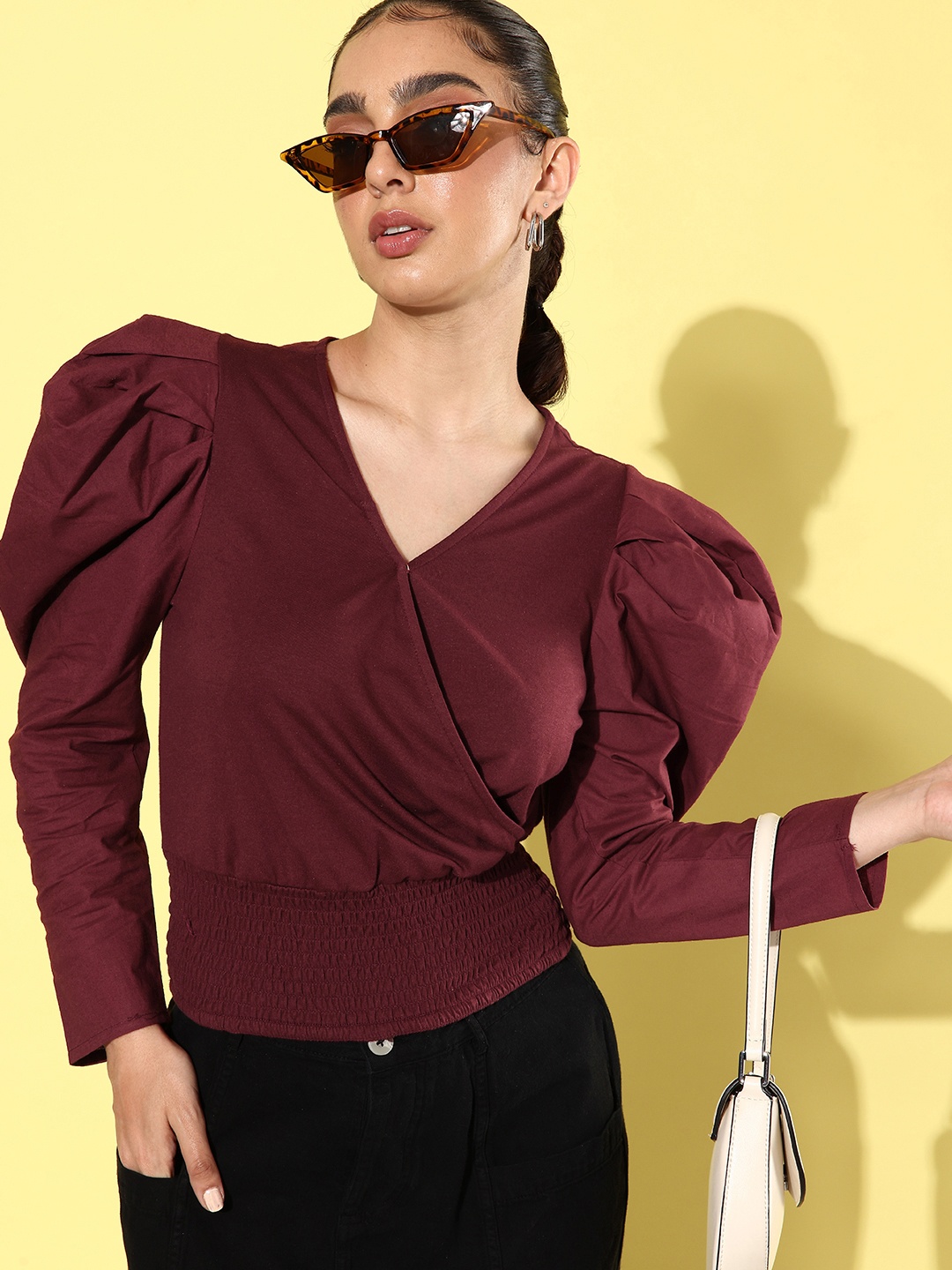 

The Roadster Lifestyle Co. Tasting Burgundy Smocked Wrap Style Hollaback Femme Blouse Top