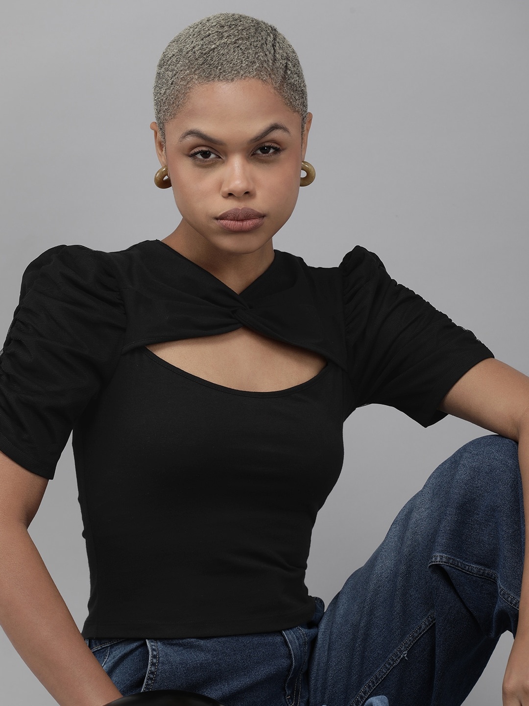 

The Roadster Life Co. Twisted Neck Ruched Puff Sleeve Fitted Top, Black