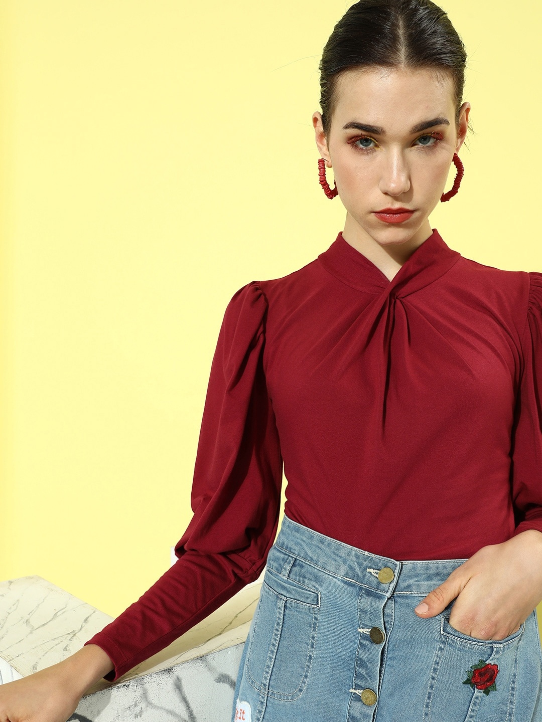

The Roadster Lifestyle Co. Biking Maroon Puff Sleeve 90's Hollaback Twisted Thoughts Top