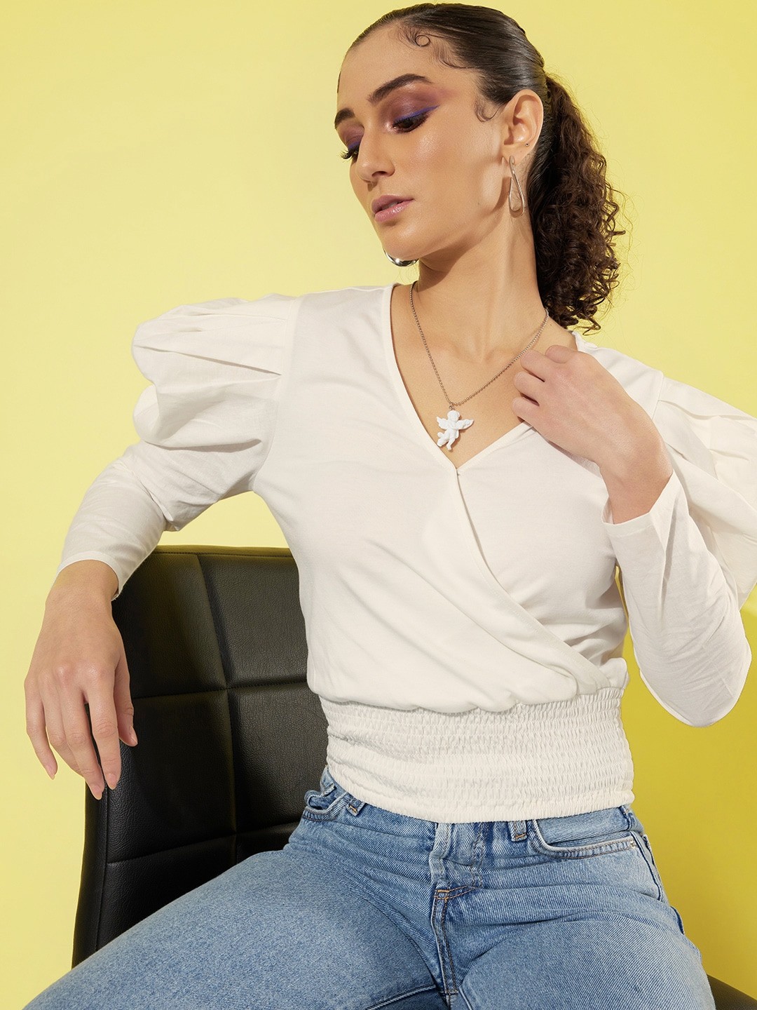 

The Roadster Lifestyle Co. Blanc White Smocked Wrap Style Hollaback Femme Blouse Top