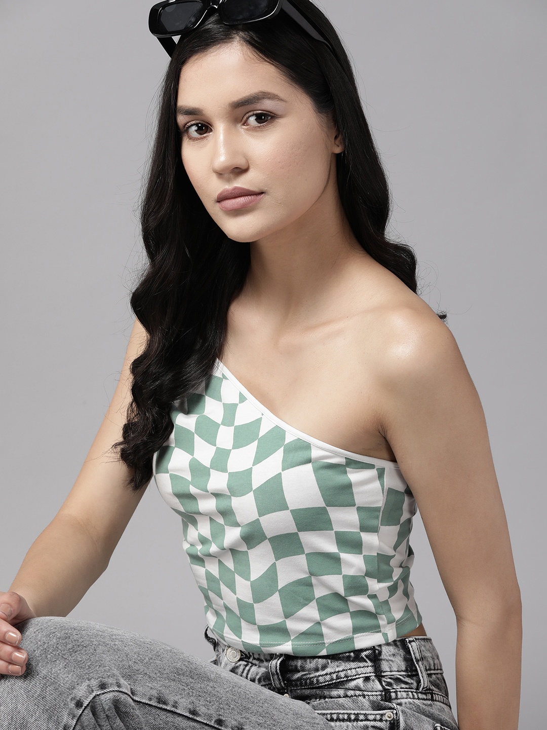

The Roadster Lifestyle Co. Checked One Shoulder Crop Top, Green