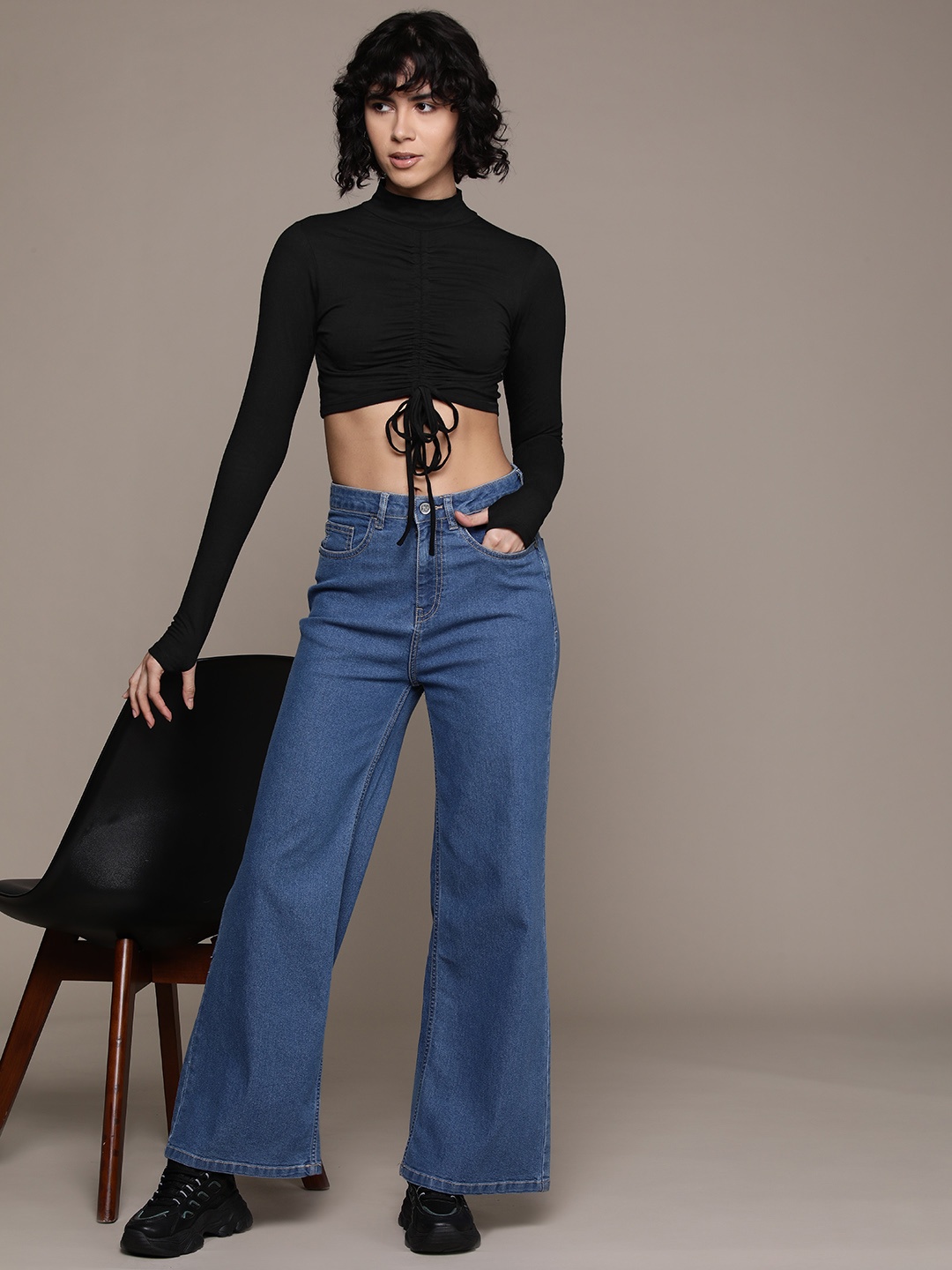 

The Roadster Lifestyle Co. High Neck Full Sleeves Ruched Crop Top, Black