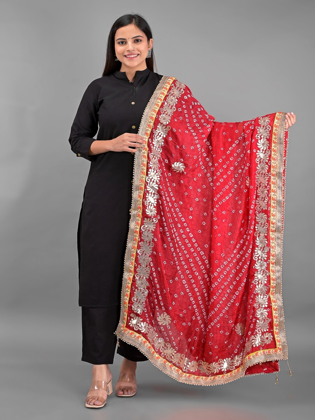 

Apratim Red & White Printed Art Silk Bandhani Dupatta with Gotta Patti