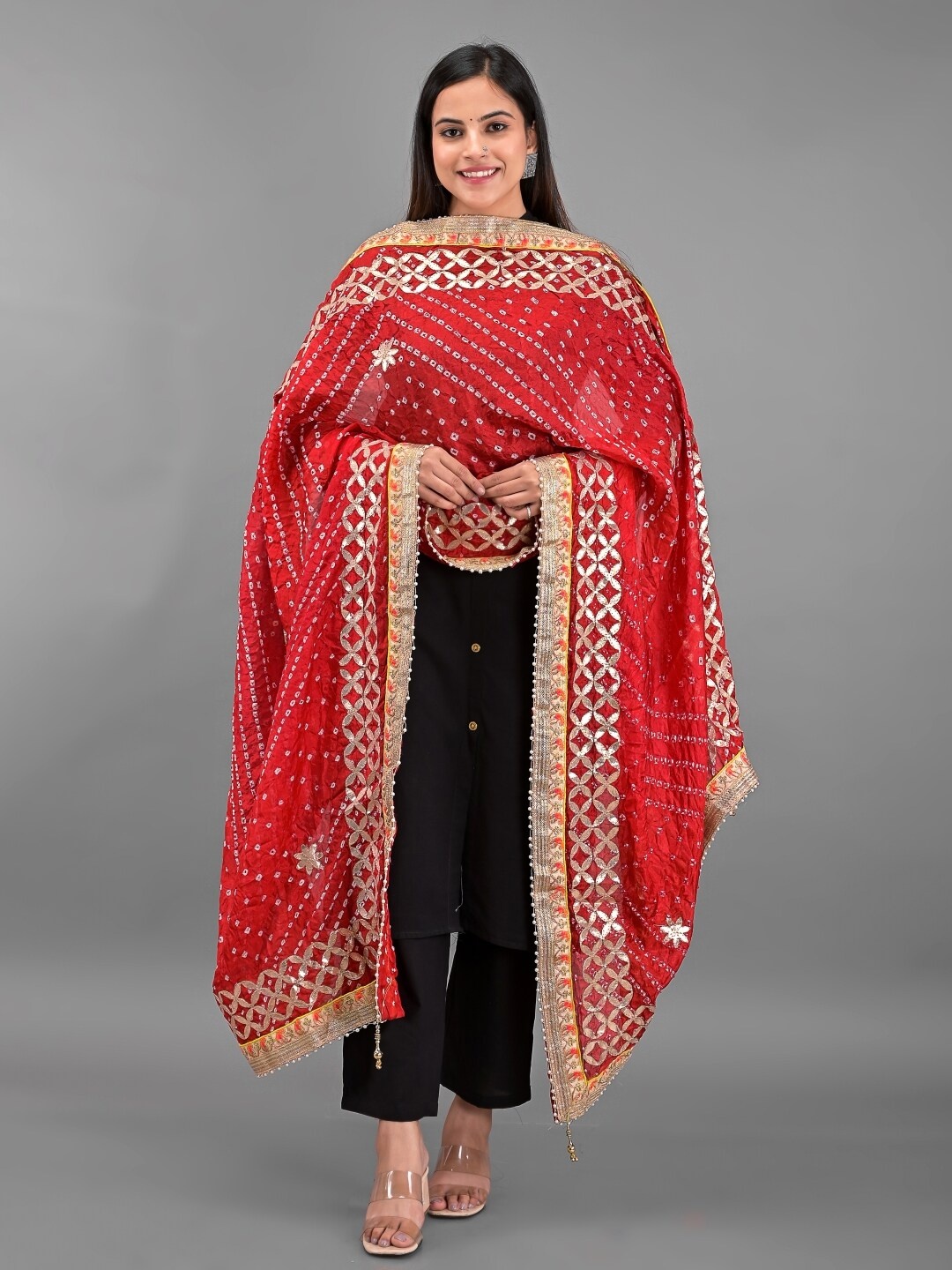 

Apratim Red & White Embroidered Art Silk Bandhani Dupatta with Gotta Patti
