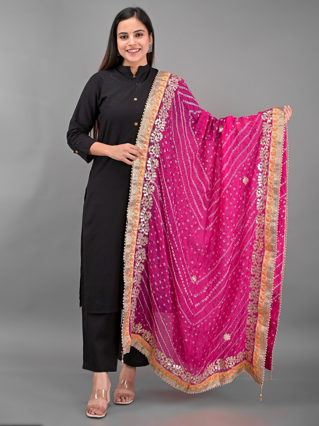 

Apratim Pink & Off White Printed Art Silk Bandhani Dupatta with Gotta Patti