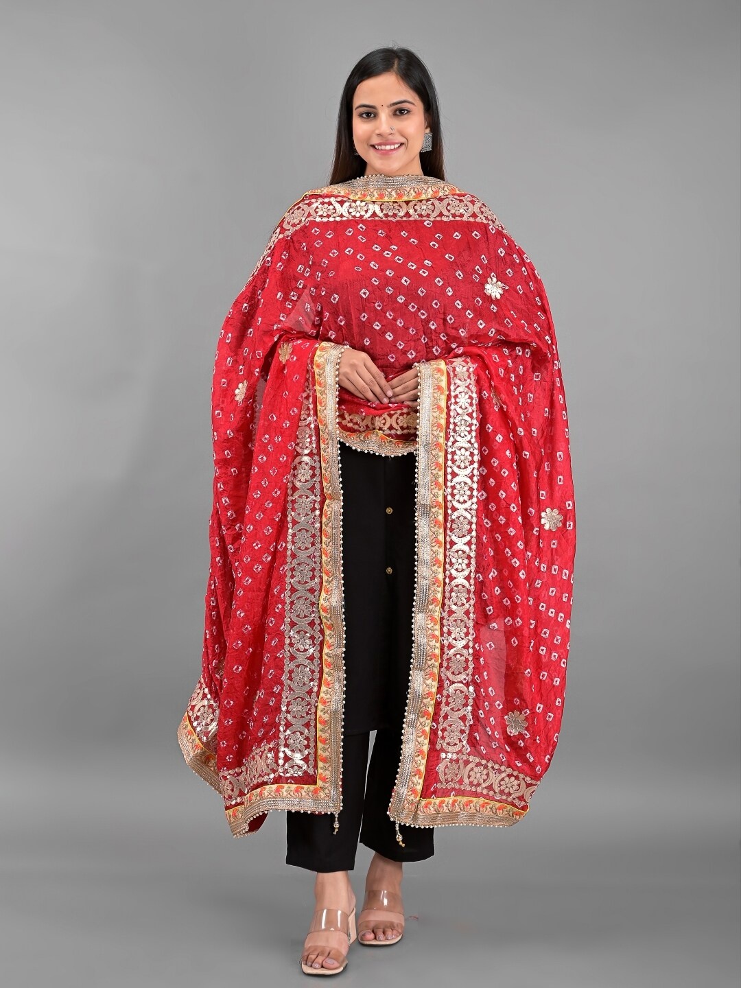 

Apratim Red & Silver-Toned Embroidered Art Silk Bandhani Dupatta with Gotta Patti