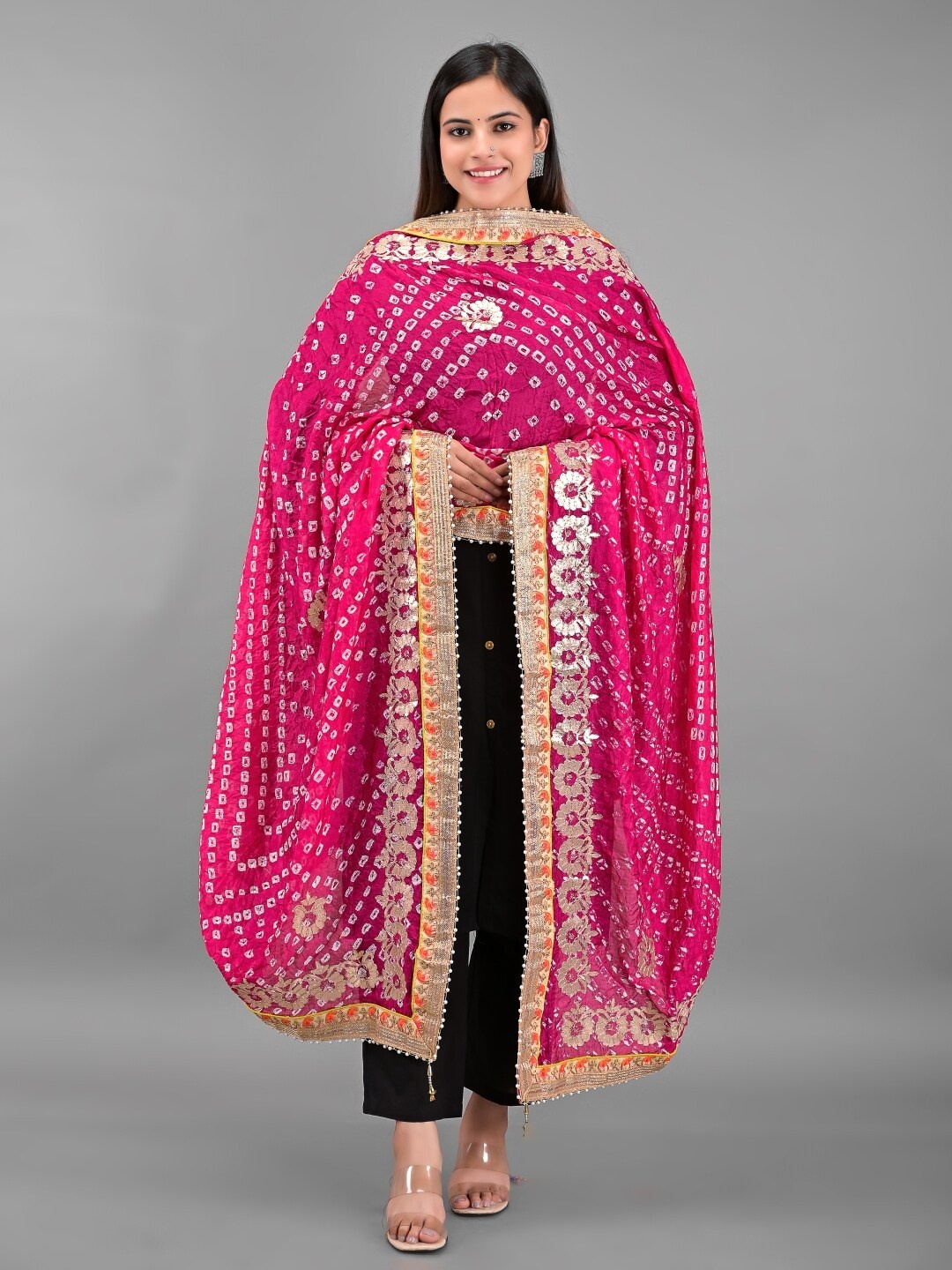 

Apratim Pink & White Printed Art Silk Bandhani Dupatta with Gotta Patti