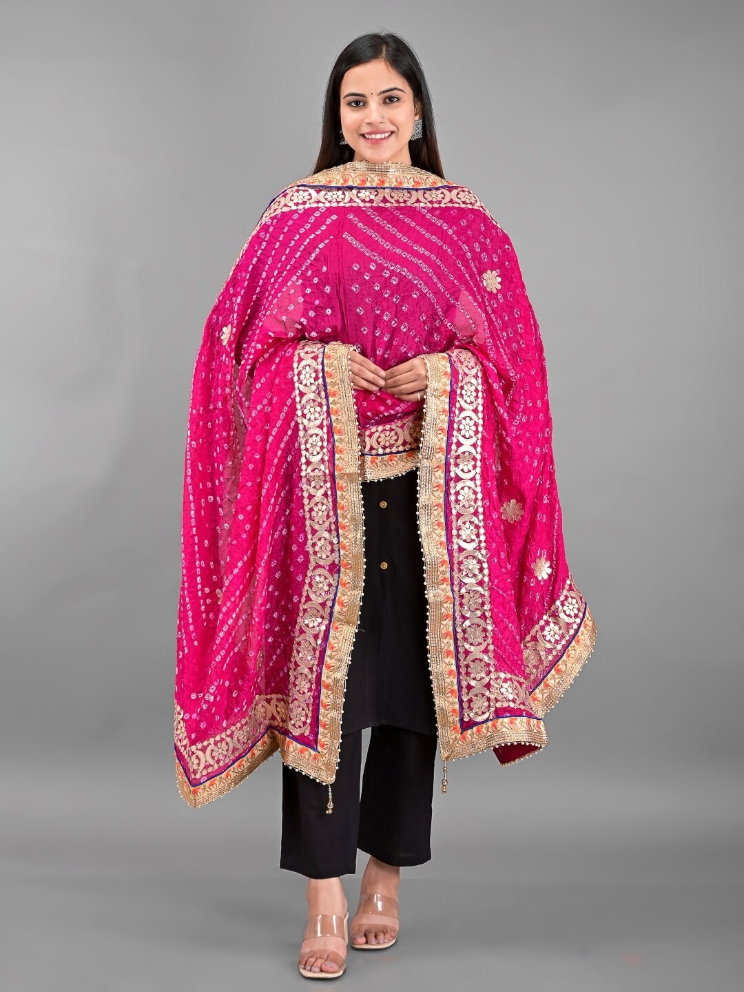 

Apratim Pink & Gold-Toned Embroidered Art Silk Bandhani Dupatta with Gotta Patti