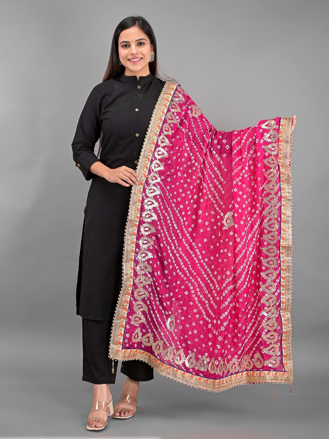 

Apratim Pink & Gold-Toned Embroidered Art Silk Bandhani Dupatta with Gotta Patti