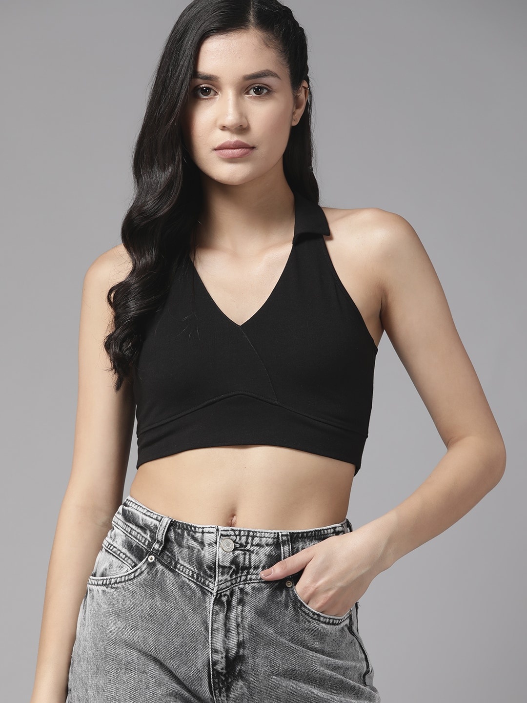 

The Roadster Lifestyle Co. Polo Collar Racerback Super Crop T-shirt, Black