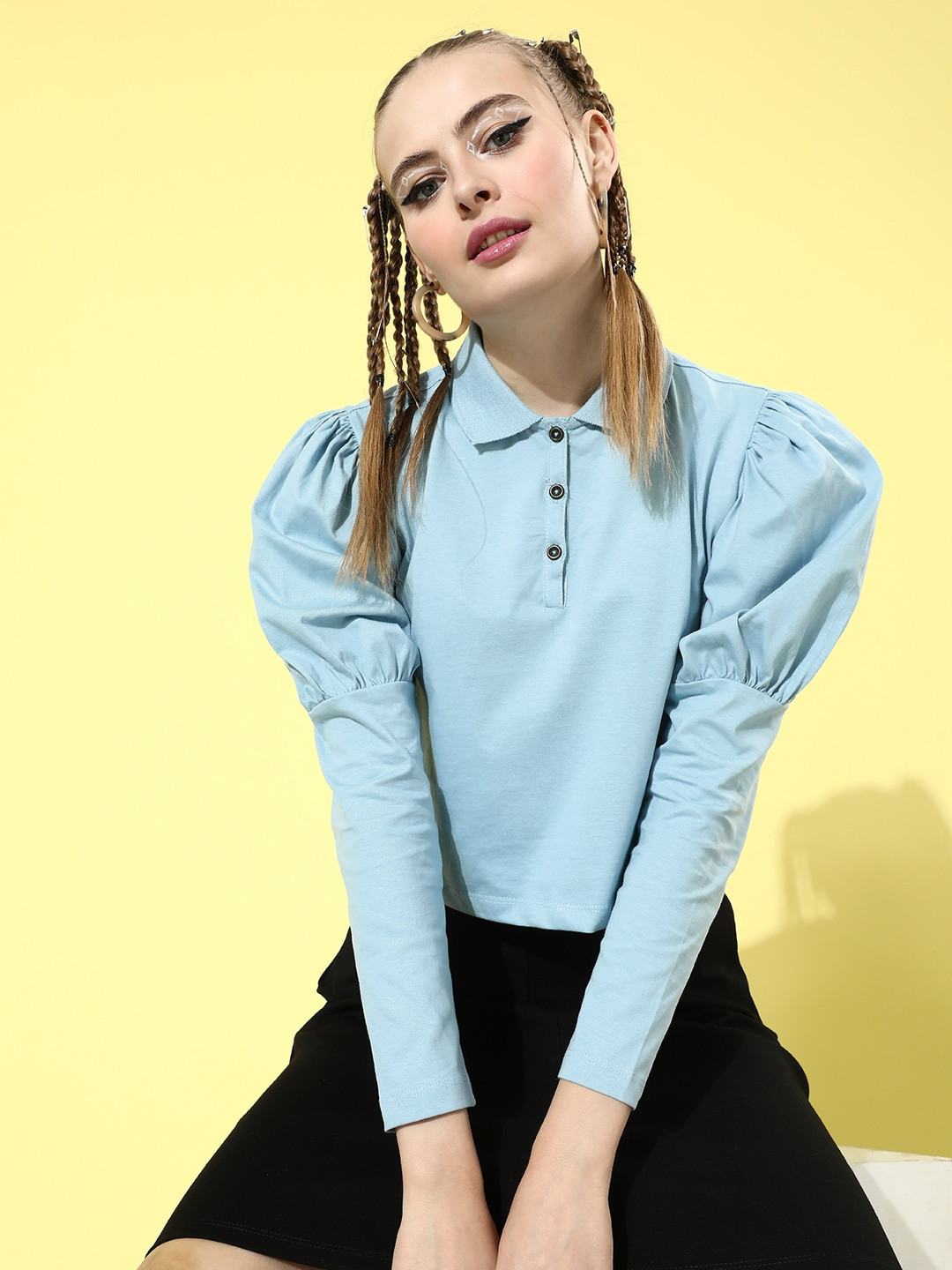 

The Roadster Life Co. Sky Blue Femme Blouse Polo Collar T-shirt